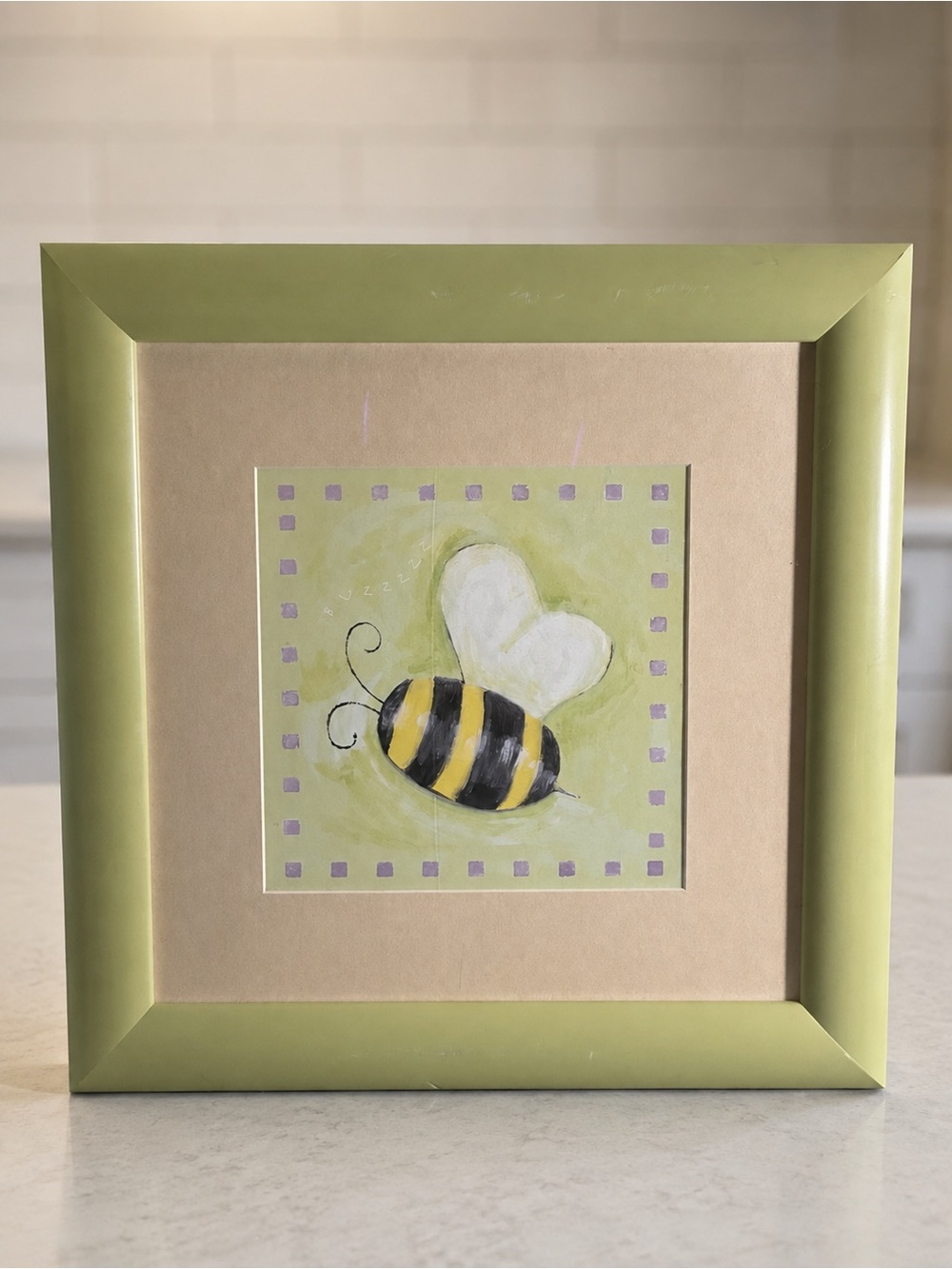 Whimsical Bumblebee Framed Wall Art Green & Purple Approximately 14” Square